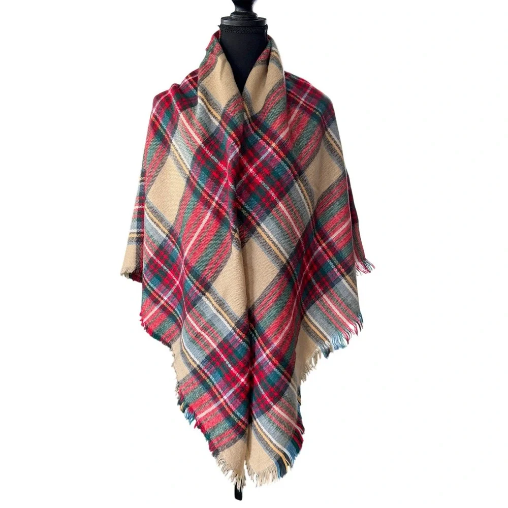 Tan Red Green Plaid Square Blanket Scarf Oversized Fringe Shawl Wrap Wrap